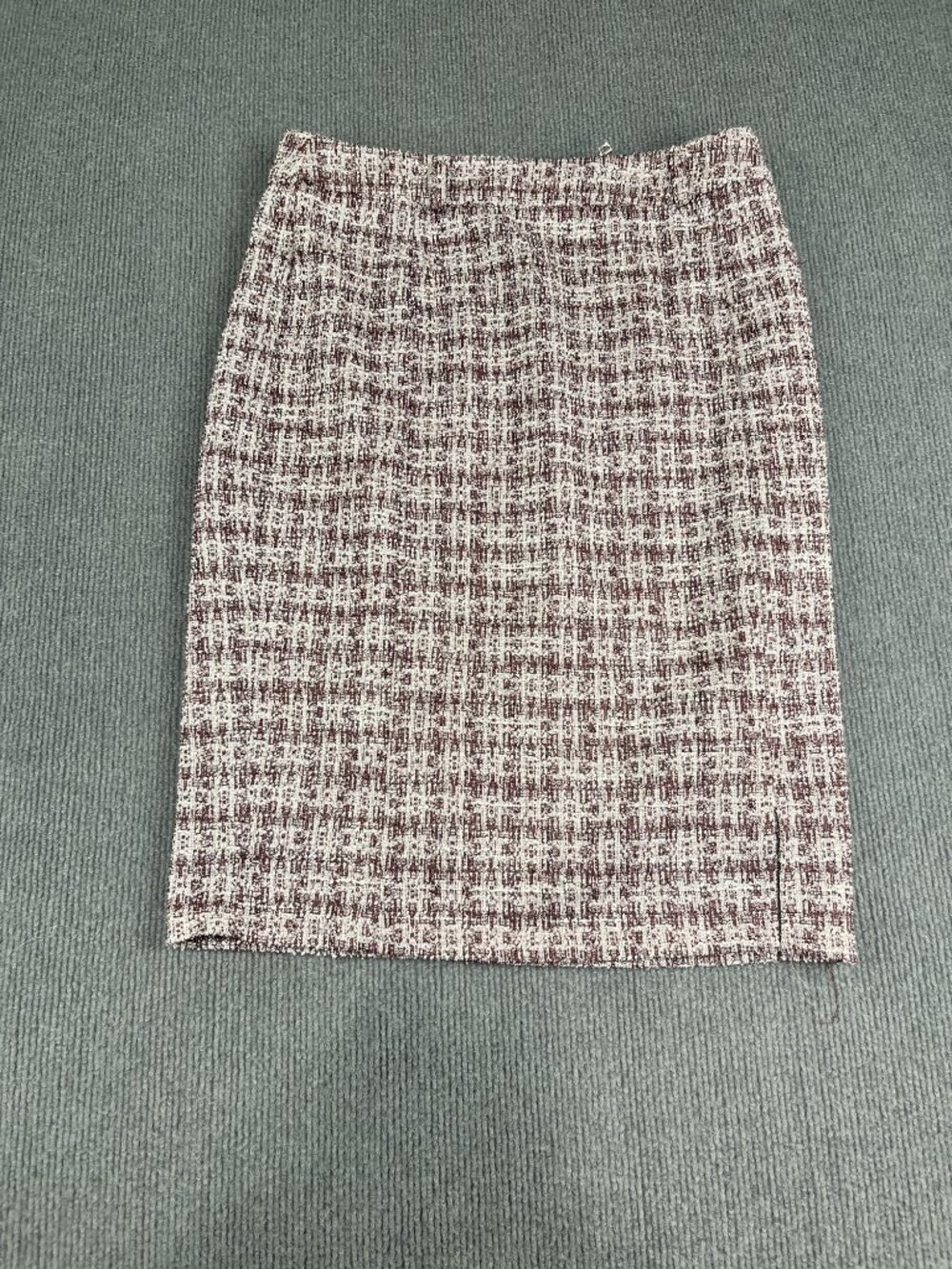 Kate Kasin Womens Tweed Pencil Skirt L Burgundy & White Checkered Back Zipper